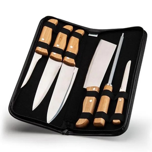 [PB-00223] CONJ. DE FACAS BAMBU / MADEIRA / INOX COM ESTOJO FRANKFURT - 7 PÇS