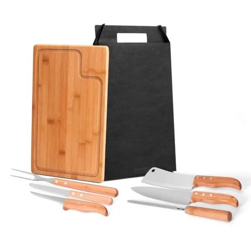 [MB-04553] CONJ. PARA CHURRASCO EM BAMBU / MADEIRA / INOX TEXAS - 7 PÇS