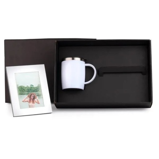 [KT-9046A] KIT CANECA EM AÇO INOX E PORTA-RETRATO EM ALUMÍNIO - 2 PÇS