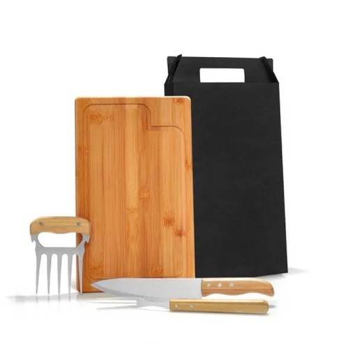 [KT-90308] KIT PARA CHURRASCO EM BAMBU / MADEIRA / INOX - 4 PÇS