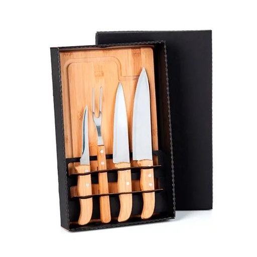 [ME-04833] KIT PARA CHURRASCO EM BAMBU / MADEIRA / INOX - 5 PÇS
