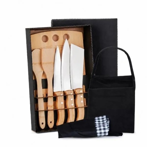 [ME-21863] KIT PARA COZINHA EM BAMBU / MADEIRA / INOX COM AVENTAL E TOUCA - 8 PÇS