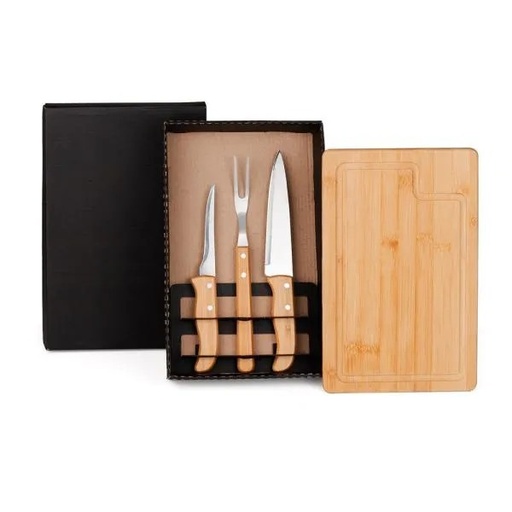 [ME-19123] KIT PARA CHURRASCO EM BAMBU / MADEIRA / INOX - 4 PÇS