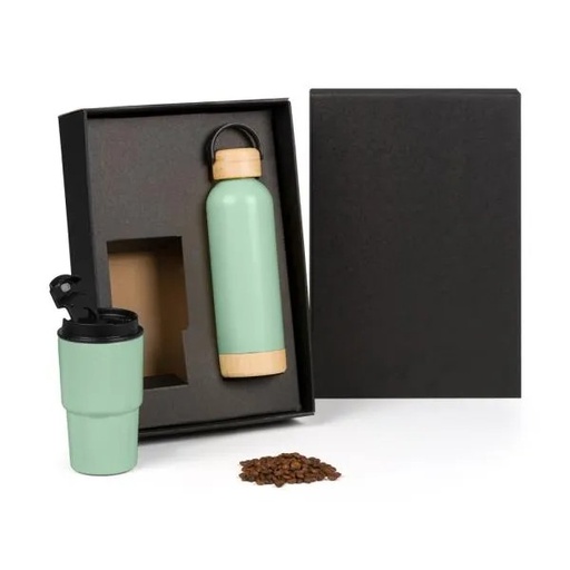 [KT-90611] KIT GARRAFA PAREDE DUPLA E COPO TÉRMICO - VERDE - 2 PÇS