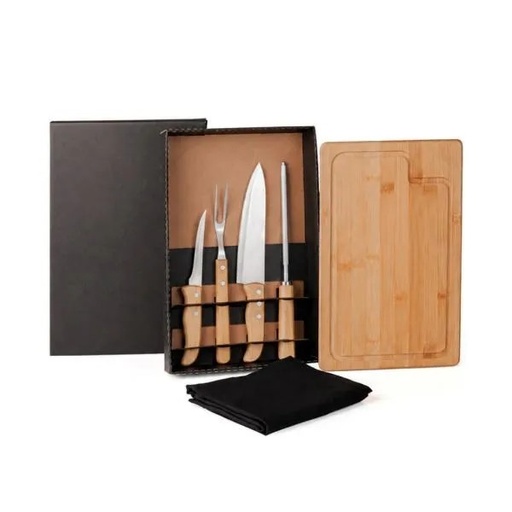 [ME-04823] KIT PARA CHURRASCO EM BAMBU / MADEIRA / INOX COM AVENTAL - 6 PÇS
