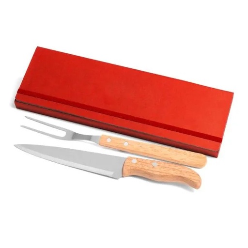 [PB-34066] KIT GARFO E FACA INOX / MADEIRA COM ESTOJO VERMELHO 3 PÇS