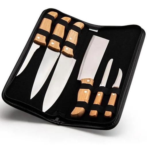 [PB-00233] CONJ. DE FACAS BAMBU / MADEIRA / INOX COM ESTOJO FRANKFURT - 7 PÇS