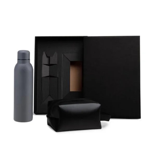 [KT-90364] KIT GARRAFA E NECESSAIRE - CINZA/PRETO - 2 PÇS