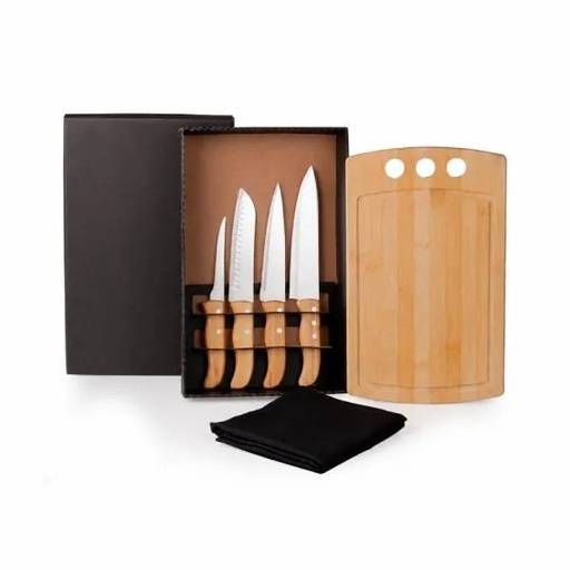 [ME-21843] KIT PARA COZINHA EM BAMBU / MADEIRA / INOX COM AVENTAL - 6 PÇS