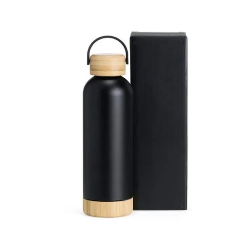 [IS-01541] GARRAFA PAREDE DUPLA COM DETALHES EM BAMBU - PRETA - 500 ML