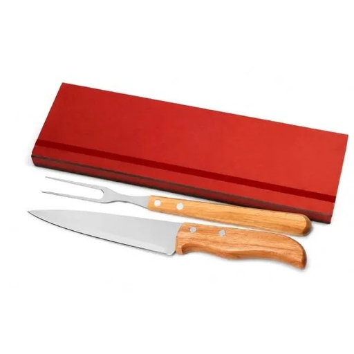[PB-34063] CONJ. DE GARFO E FACA INOX / MADEIRA / BAMBU COM ESTOJO VERMELHO - 3 PÇS