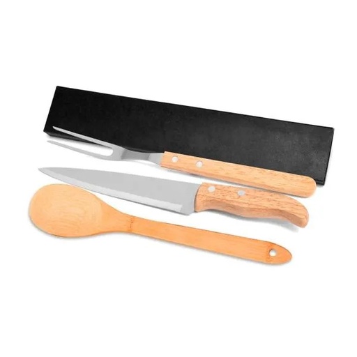 [KF-90416] CONJ. GARFO, FACA 7" EM MADEIRA E COLHER EM BAMBU - 3 PÇS