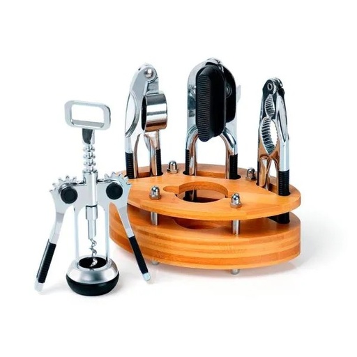 [KB-00463] KIT DE UTENSÍLIOS COM BASE EM BAMBU - 5 PÇS