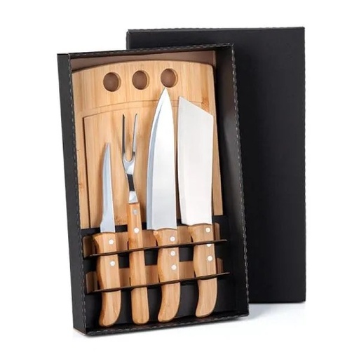 [ME-21543] KIT PARA CHURRASCO / COZINHA EM BAMBU / MADEIRA / INOX - 5 PÇS