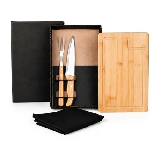 [ME-19163] KIT PARA CHURRASCO EM BAMBU / MADEIRA / INOX COM AVENTAL - 4 PÇS