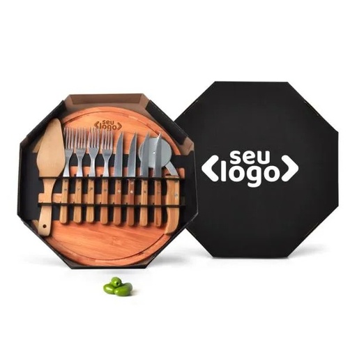 [PD-10353] CONJ. PARA PIZZA EM BAMBU/MADEIRA/INOX 35 CM - 11 PÇS