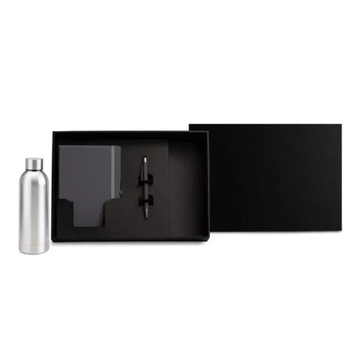 [KT-90359] KIT GARRAFA, CADERNO E CANETA - CINZA/PRATA - 3 PÇS
