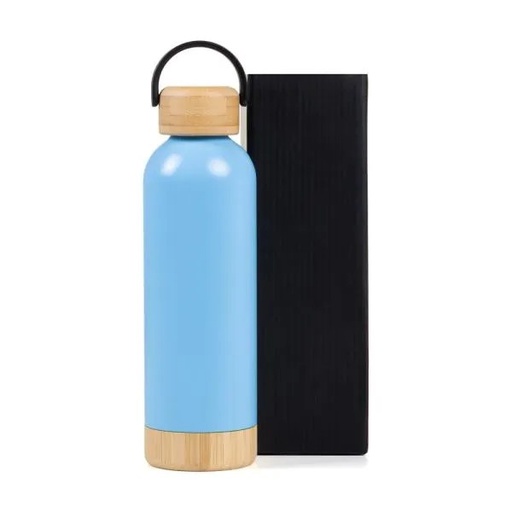 [IS-01543] GARRAFA PAREDE DUPLA COM DETALHES EM BAMBU - AZUL - 500 ML