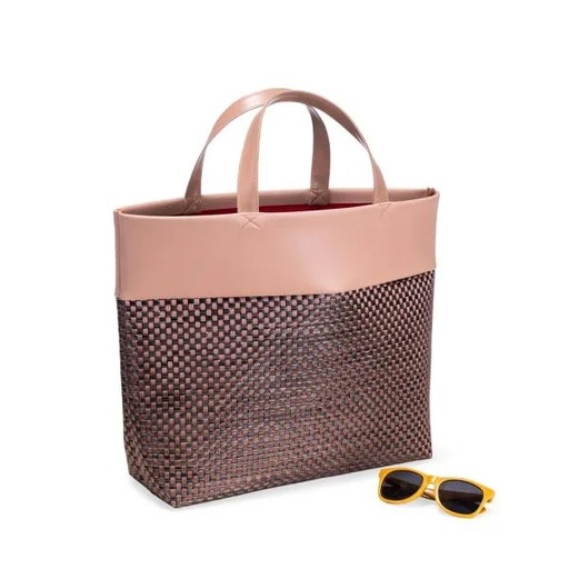 [CS-04029] SACOLA EM PVC E MATERIAL SINTÉTICO - PREMIUM - ROSA/XADREZ - 48X33X13 CM