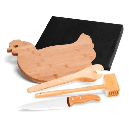 [MB-41303] KIT PARA COZINHA EM BAMBU COM TÁBUA FORMATO GALINHA