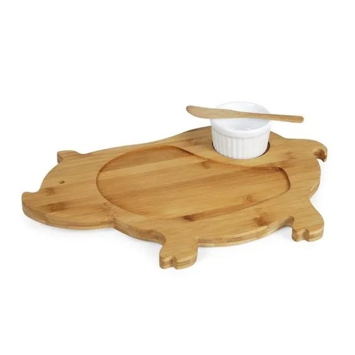 [PD-40333] KIT PETISCO EM BAMBU / PORCELANA COM TÁBUA FORMATO PORCO