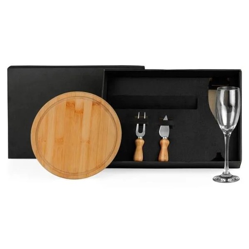 [KT-9038U] CONJ. PARA QUEIJO EM BAMBU C/ TAÇA P/ CHAMPAGNE - 4 PEÇAS