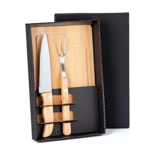 [ME-19063] KIT PARA CHURRASCO EM BAMBU / MADEIRA / INOX - 3 PÇS