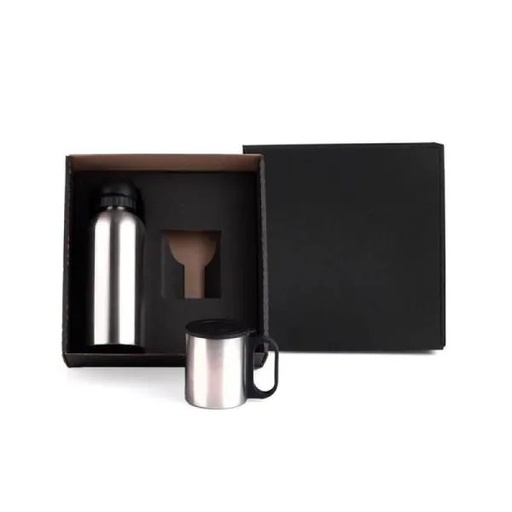 [IX-01611] CONJ. DE GARRAFA E CANECA EM AÇO INOX  600/180 ML - 2 PÇS