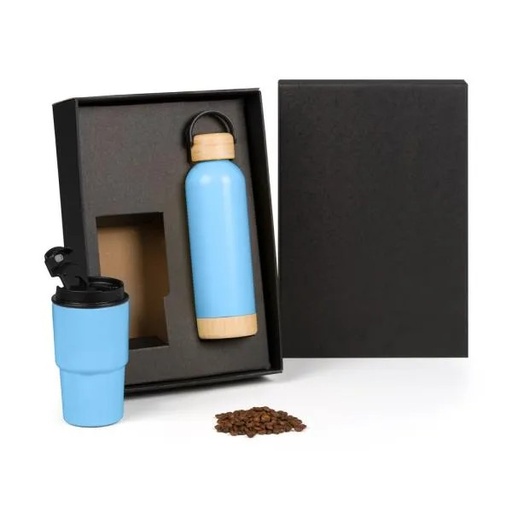 [KT-90610] KIT GARRAFA PAREDE DUPLA E COPO TÉRMICO - AZUL - 2 PÇS