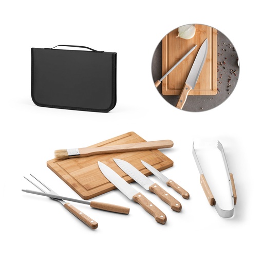 [94104-103] TERIYAKI. Kit churrasco em estojo de PU e 210D com tábua em bambu e 7 utensílios em aço inox e madeira de Seringueira