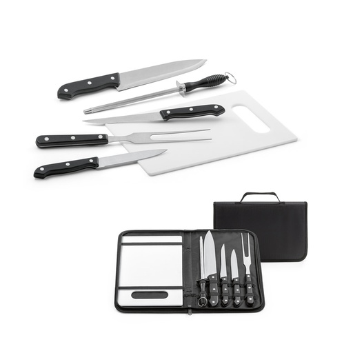 [94144-103] BOTALY. Kit churrasco em estojo de nylon 210D com tábua em PP e 5 utensílios em aço inox e PP