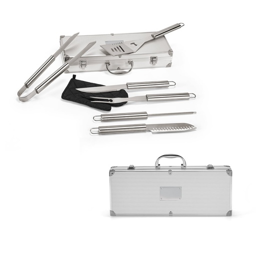[93845-127] MACE. Kit churrasco em estojo de alumínio com luva de cozinha em poliéster e 6 utensílios em aço inox