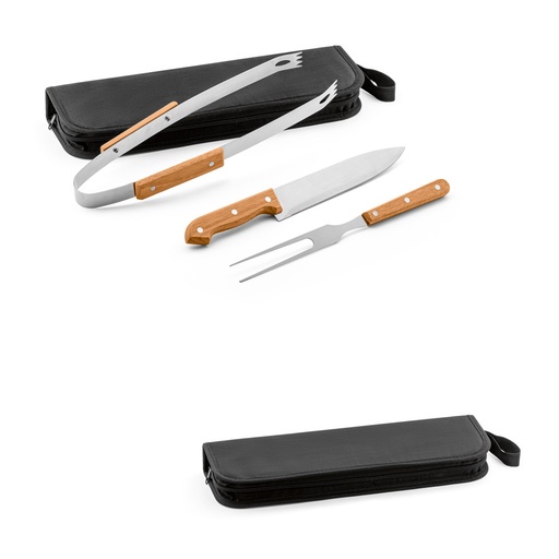 [94145-103] GARLIC. Kit churrasco em estojo de 210D com 3 utensílios em aço inox e madeira de Seringueira