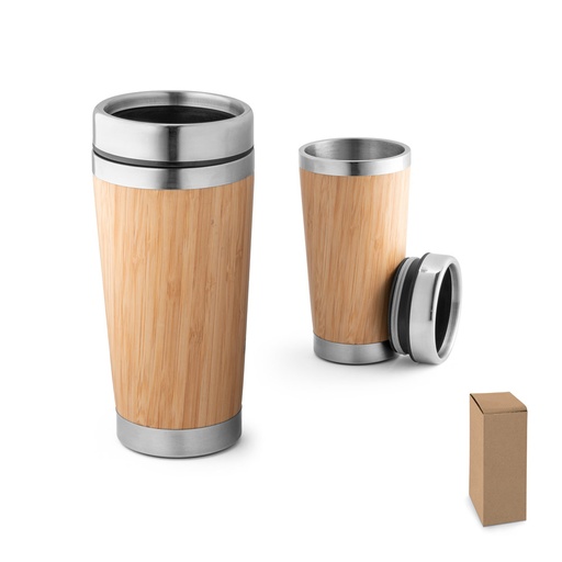 [94241-160] PIETRO. Copo de viagem térmico em aço inox e bambu, de parede dupla isolada a ar (500 mL)