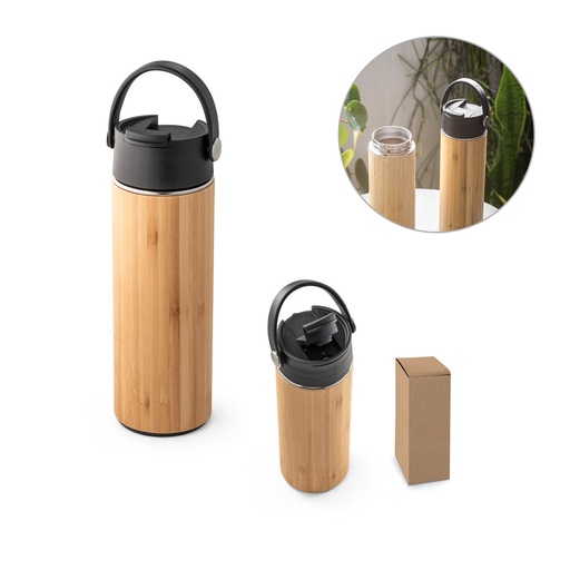 [94257-103] LAVER. Garrafa térmica em aço inox e bambu, de parede dupla isolada a vácuo (440 mL)