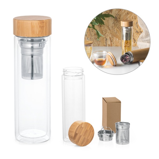 [94765-160] MAKAROVA. Garrafa térmica em vidro borossilicato de parede dupla isolada a ar, com 2 infusores (490 mL)