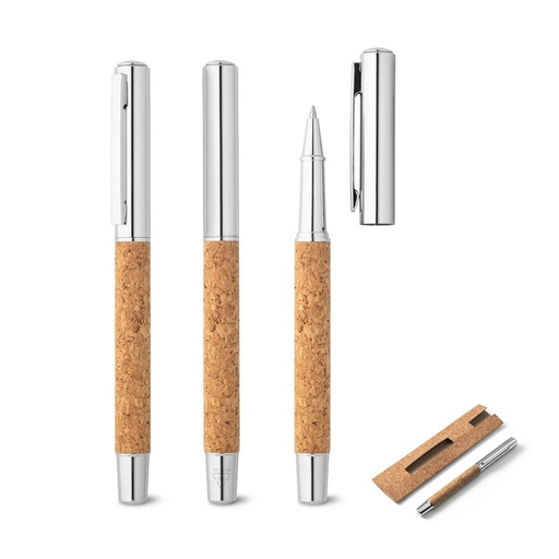 [91783-160] ANDREW. Caneta roller em aço inox 90% reciclado e cortiça com escrita em azul
