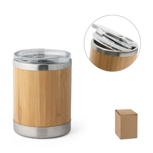 [94761-160] LYCKA. Copo de viagem térmico em aço inox e bambu, de parede dupla isolada a ar e fecho deslizante (350 mL)