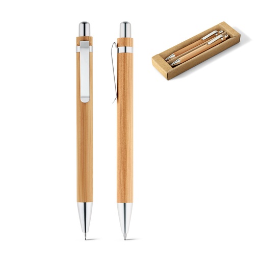 [51162-160] MELLO. Conjunto de caneta esferográfica com escrita em azul e lapiseira, ambas em bambu