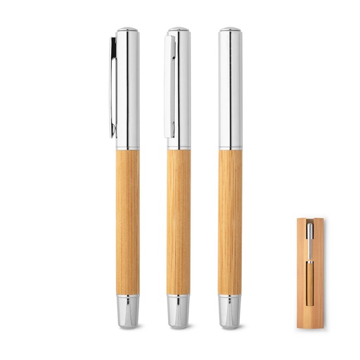 [91776-160] ELYSIA. Caneta roller em aço inox 90% reciclado e bambu com escrita em azul