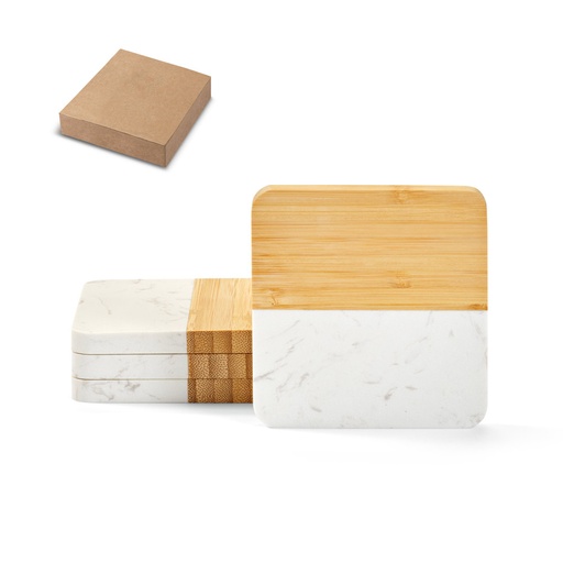[94338-160] MARBOO CUP. Conjunto de 4 porta copos em mármore e bambu em formato quadrado