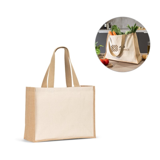 [92538-160] HELSINQUE. Sacola em canvas (320g/m²), com fundo e laterais em juta laminada (350 g/m²) de tons naturais