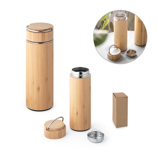 [94239-160] SOW. Garrafa térmica em aço inox e bambu, de parede dupla isolada a vácuo (440 mL)