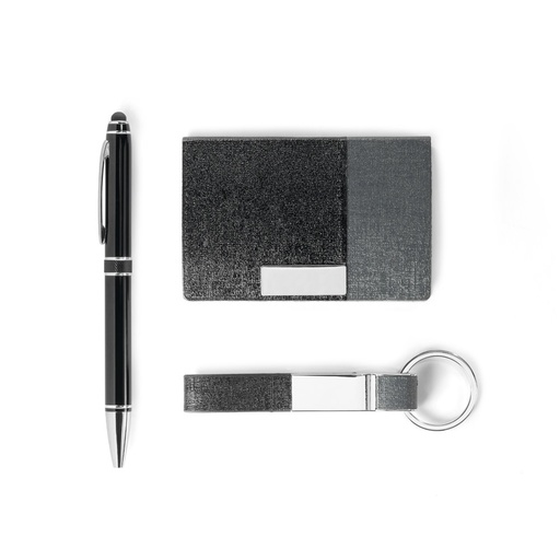 [93315-123] BRENDON. Kit de porta cartões, chaveiro e caneta esferográfica em c.sintético, metal e alumínio