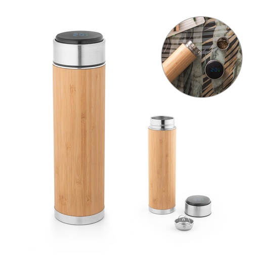 [94296-160] JOSHUA. Garrafa térmica em aço inox e bambu, de parede dupla isolada a vácuo, com termómetro digital (430 mL)