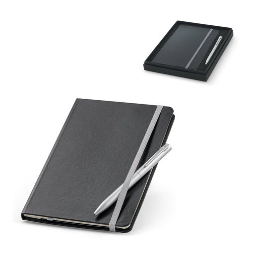 [93714-123] MORAES. Conjunto composto por 1 caderno e 1 caneta esferográfica. Caderno A5 com 160 páginas pautadas e caneta esferográfica com escrita em azul