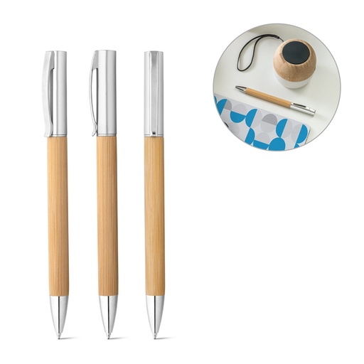 [91774-160] BEAL. Caneta esferográfica em bambu e ABS com acabamento metálico mate e escrita em azul