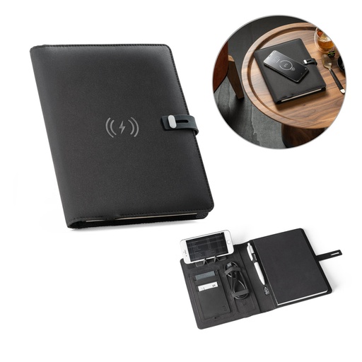 [53581-103] ELEVATE A5 FOLDER. Pasta A5 em 300D poliéster 100% reciclado com carregador por indução embutido (5'000 mAh) e bloco com páginas pautadas