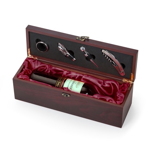 [X051390] KIT VINHO  CAIXA DE MADEIRA 4 PEÇAS  PORTA GARRAFA