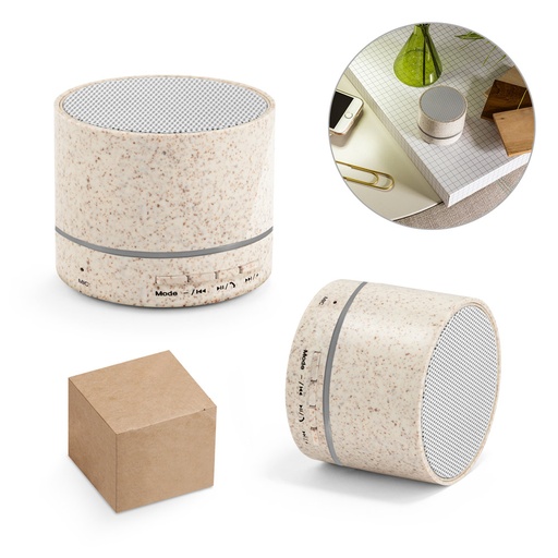 [97930-160] RE-LINEU. Caixa de som portátil com microfone e autonomia de 4h30 (400 mAh), em fibra de palha de trigo e ABS 100% reciclado